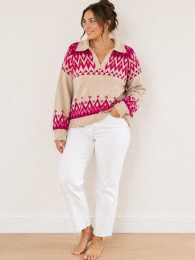 CeCe Collared Fair Isle Sweater Pink Beige Geometric V Neck Pullover XL